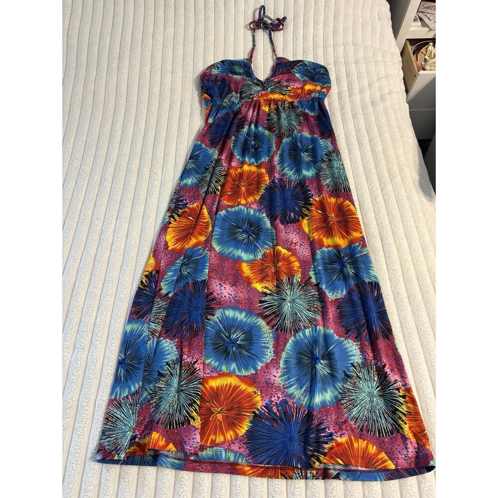 Hypnotik Halter Maxi Dress Womens XL Multicolor Coral Fireworks Resort Vacation